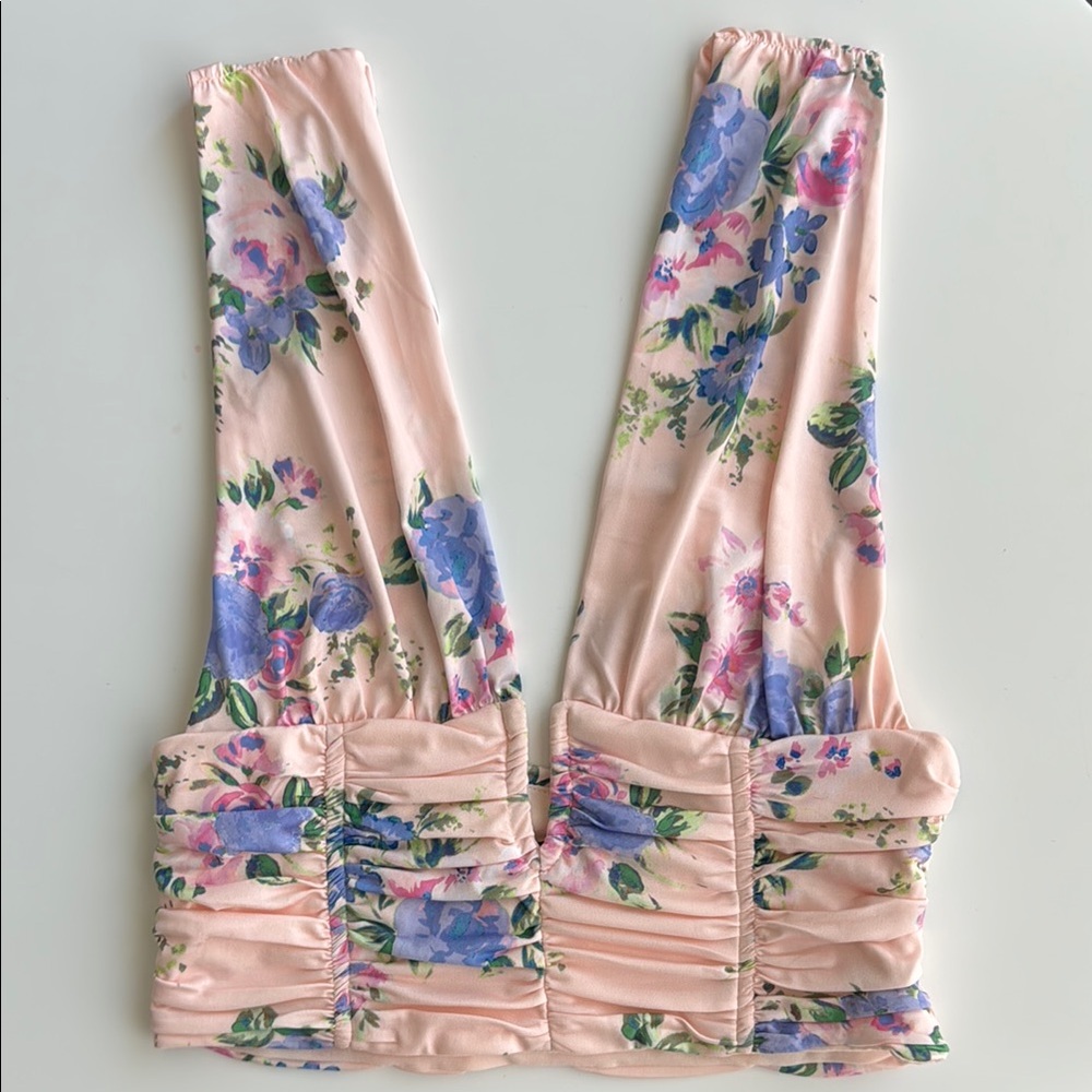NWOT Zara Floral Pink and Blue Halter Crop Top XS